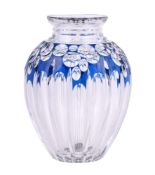 A Val St. Lambert clear and cut glass ovoid vase overlaid in blue