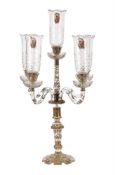 A clear glass and enamelled five-light candleabrum for the Near Eastern market