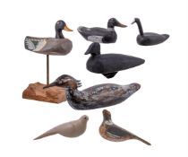 A group of seven decoy ducks and decoy pigeons