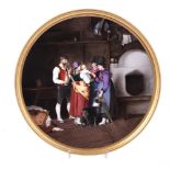 A German porcelain round plaque painted with an interior scene after Franz Defregger