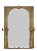 A green painted and parcel gilt wall mirror