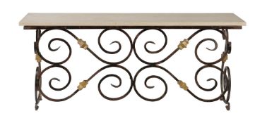 A wrought iron and marble topped side or console side table