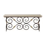 A wrought iron and marble topped side or console side table