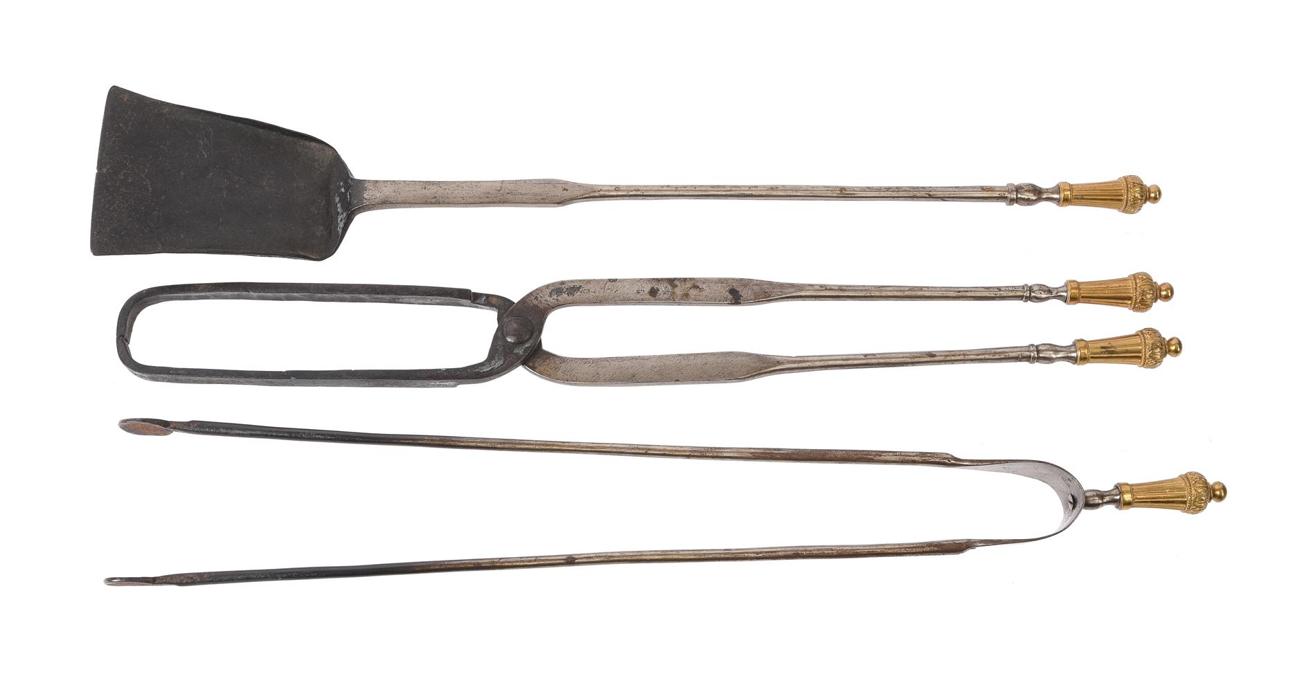 A set of three Louis XVI steel and brass fire tools