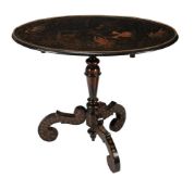 A Regency black lacquer and Chinoiserie decorated oval tripod table