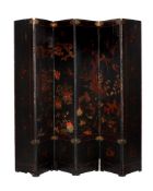 A black and polychrome lacquered and leather bound six fold room screen