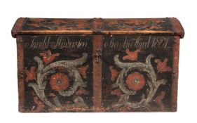 A Norwegian iron mounted painted wood marriage chest