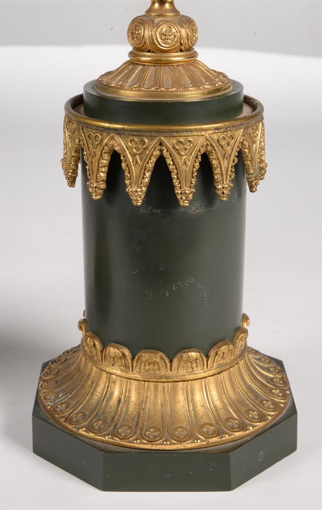 A pair of gilt and green painted metal candlesticks in Gothic taste - Image 5 of 5