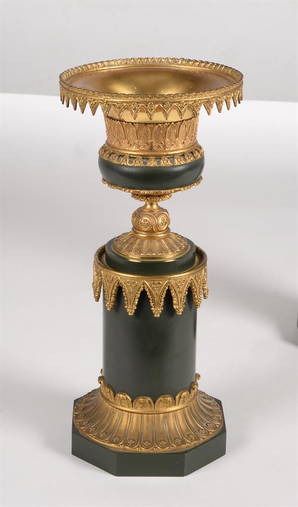 A pair of gilt and green painted metal candlesticks in Gothic taste - Image 2 of 5