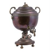 A Regency oval copper and brass pedestal samovar