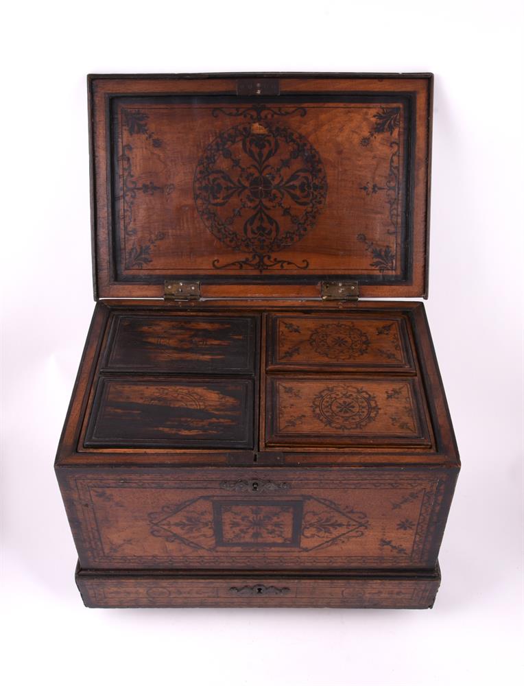 A Continental walnut and penwork table top chest - Image 4 of 5