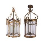 Two gilt metal and glass hall lanterns