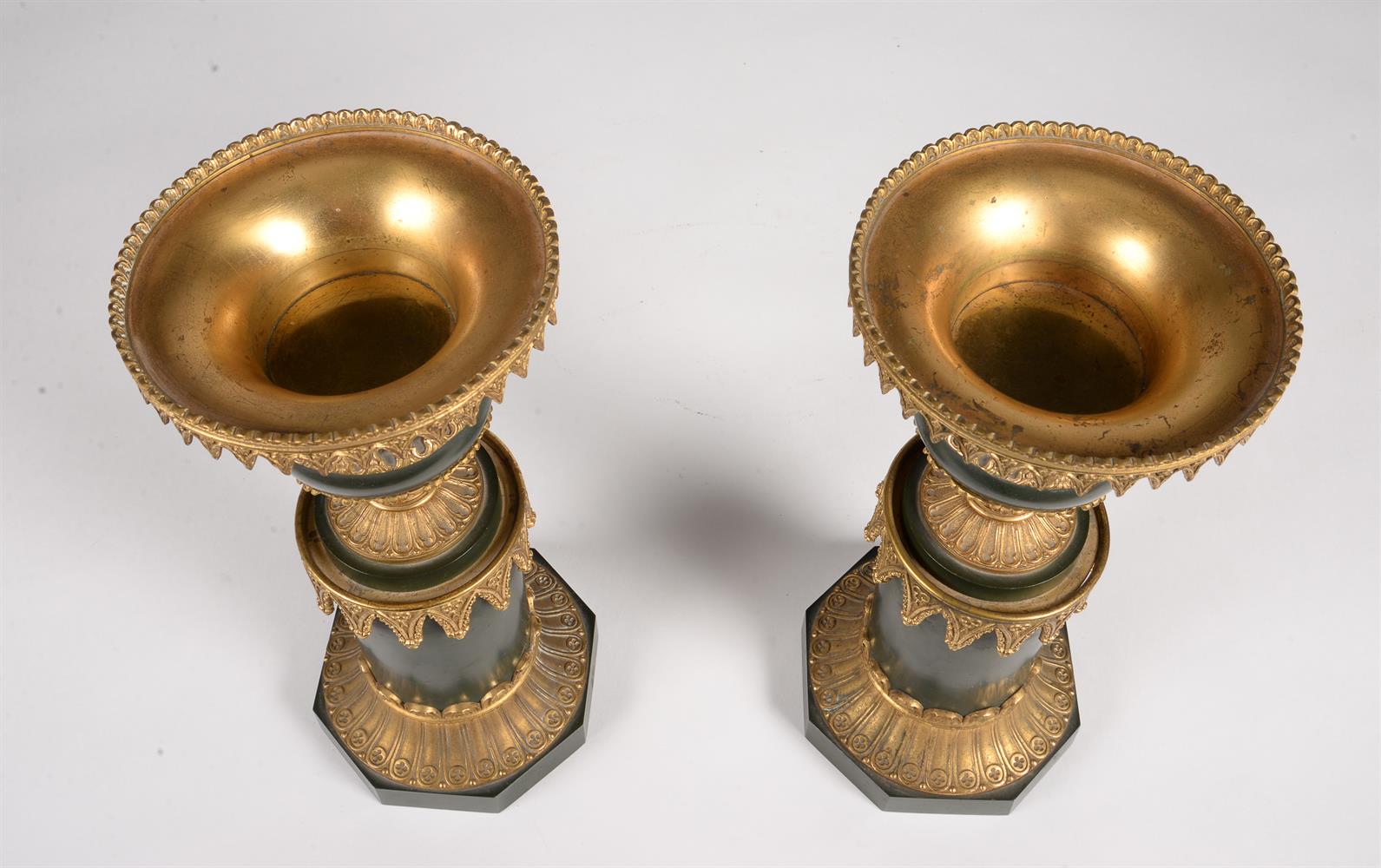 A pair of gilt and green painted metal candlesticks in Gothic taste - Image 3 of 5