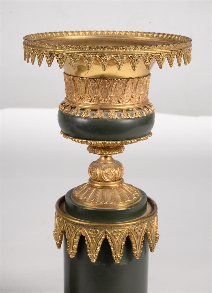 A pair of gilt and green painted metal candlesticks in Gothic taste - Image 4 of 5