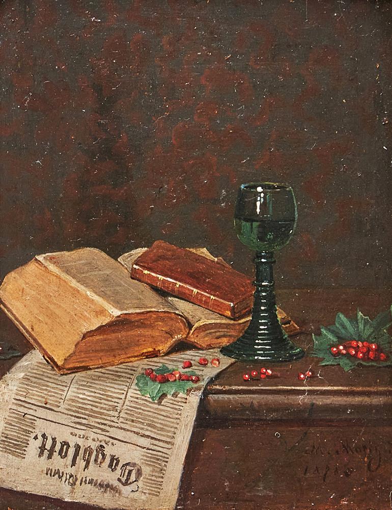 M. MORIG (19TH CENTURY), STILL LIFE OF WINE GLASS AND BOOKS - Image 3 of 3