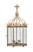 A REGENCY STYLE PATINATED AND GILT BRASS HEXAGONAL LANTERN