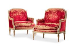 A LARGE PAIR OF LOUIS XVI STYLE PAINTED BERGERES