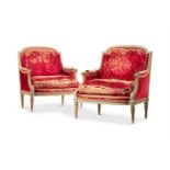 A LARGE PAIR OF LOUIS XVI STYLE PAINTED BERGERES