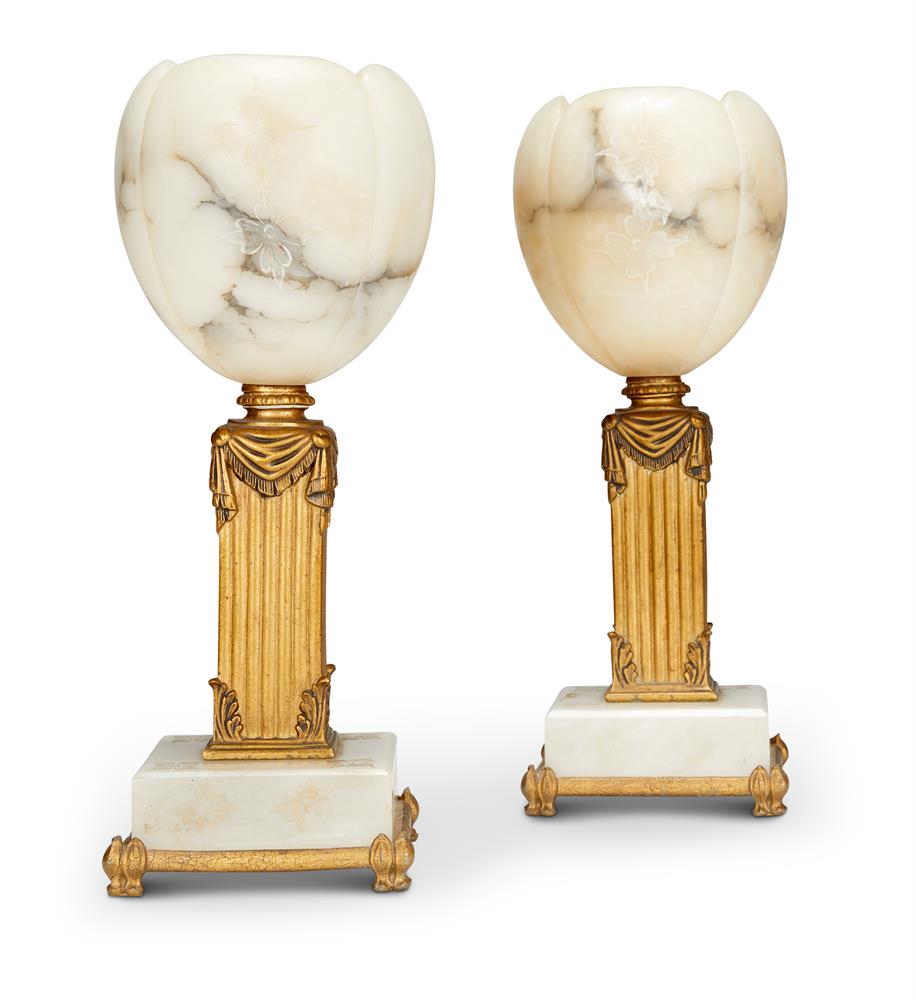 A PAIR OF ALABASTER AND GOLD PAINTED METAL TABLE LAMPS