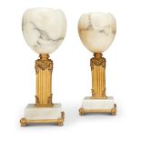 A PAIR OF ALABASTER AND GOLD PAINTED METAL TABLE LAMPS