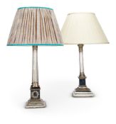 TWO SIMILAR ELECTRO-PLATED COLUMNAR LAMPS WITH SHADES