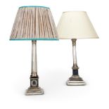 TWO SIMILAR ELECTRO-PLATED COLUMNAR LAMPS WITH SHADES