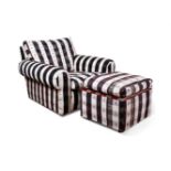 A STRIPED UPHOLSTERED ARMCHAIR AND FOOTSTOOL, ROBERT KIME