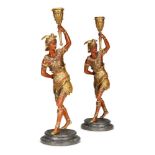A PAIR OF COLD PAINTED SPELTER FIGURAL CANDLEHOLDERS, 20TH CENTURY