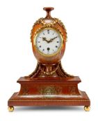 Y A GEORGE III STYLE SATINWOOD, TULIPWOOD AND POLYCHROME PAINTED MANTEL TIMEPIECE