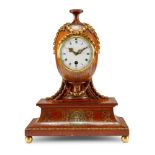 Y A GEORGE III STYLE SATINWOOD, TULIPWOOD AND POLYCHROME PAINTED MANTEL TIMEPIECE