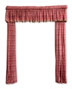 A PAIR OF RED CHINESE DAMASK STYLE CURTAINS AND PELMET