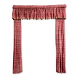 A PAIR OF RED CHINESE DAMASK STYLE CURTAINS AND PELMET