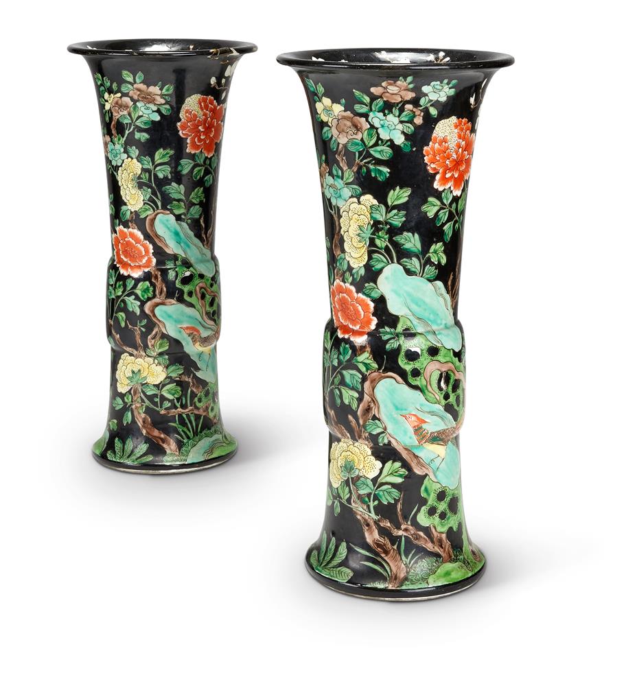 A PAIR OF 'FAMILLE NOIR' STYLE 'PHOENIX TAIL' VASES - Image 2 of 2