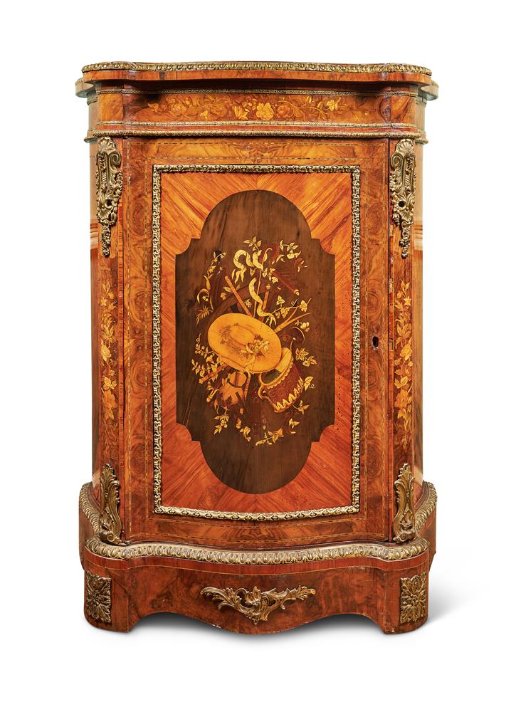 Y A PAIR OF VICTORIAN FIGURED WALNUT, TULIPWOOD, MARQUETRY AND GILT-METAL MOUNTED SIDE CABINETS - Image 6 of 8