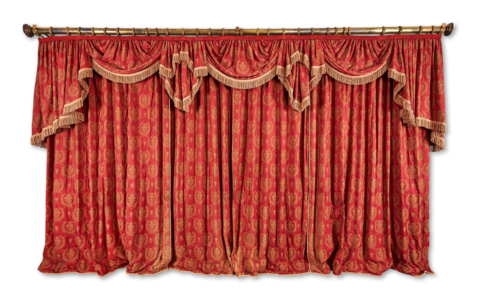 TWO PAIRS OF WINE AND GOLD TAPESTRY CURTAINS