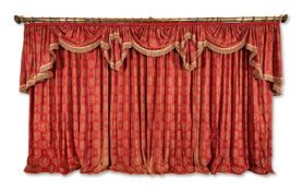 TWO PAIRS OF WINE AND GOLD TAPESTRY CURTAINS