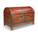 A 17TH CENTURY STYLE PAINTED AND METAL BOUND CHEST