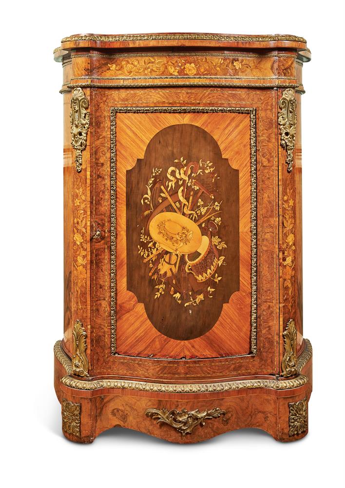 Y A PAIR OF VICTORIAN FIGURED WALNUT, TULIPWOOD, MARQUETRY AND GILT-METAL MOUNTED SIDE CABINETS