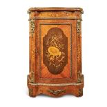 Y A PAIR OF VICTORIAN FIGURED WALNUT, TULIPWOOD, MARQUETRY AND GILT-METAL MOUNTED SIDE CABINETS