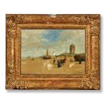 FOLLOWER OF EUGENE BOUDIN, BEACH SCENE WITH FIGURES AND TOWER