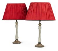 A PAIR OF GLASS AND METAL TABLE LAMPS