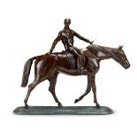 A PATINATED BRONZE MODEL OF A JOCKEY ON HORSEBACK