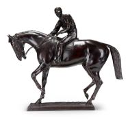 A PATINATED BRONZE MODEL OF A JOCKEY ON HORSEBACK