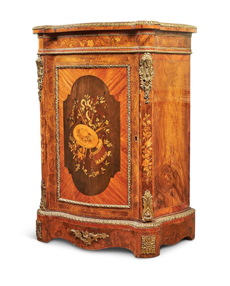 Y A PAIR OF VICTORIAN FIGURED WALNUT, TULIPWOOD, MARQUETRY AND GILT-METAL MOUNTED SIDE CABINETS - Image 7 of 8