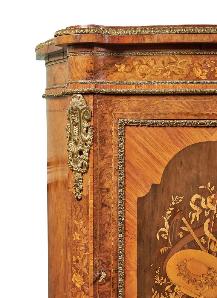 Y A PAIR OF VICTORIAN FIGURED WALNUT, TULIPWOOD, MARQUETRY AND GILT-METAL MOUNTED SIDE CABINETS - Image 4 of 8