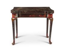 A JAPANNED CARD TABLE, MID 18TH CENTURY WITH LATER DECORATION