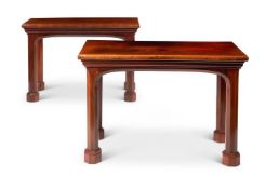 A PAIR OF EARLY VICTORIAN GOTHIC MAHOGANY SIDE TABLES