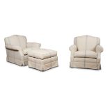 A PAIR OF BEECH AND UPHOLSTERED ARMCHAIRS AND MATCHING FOOTSTOOLS