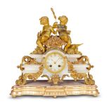 A FRENCH ALABASTER AND GILT METAL MOUNTED MANTEL CLOCKJAPY FRERES