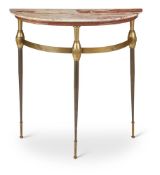 A MARBLE TOPPED WROUGHT AND GILT METAL CONSOLE TABLE